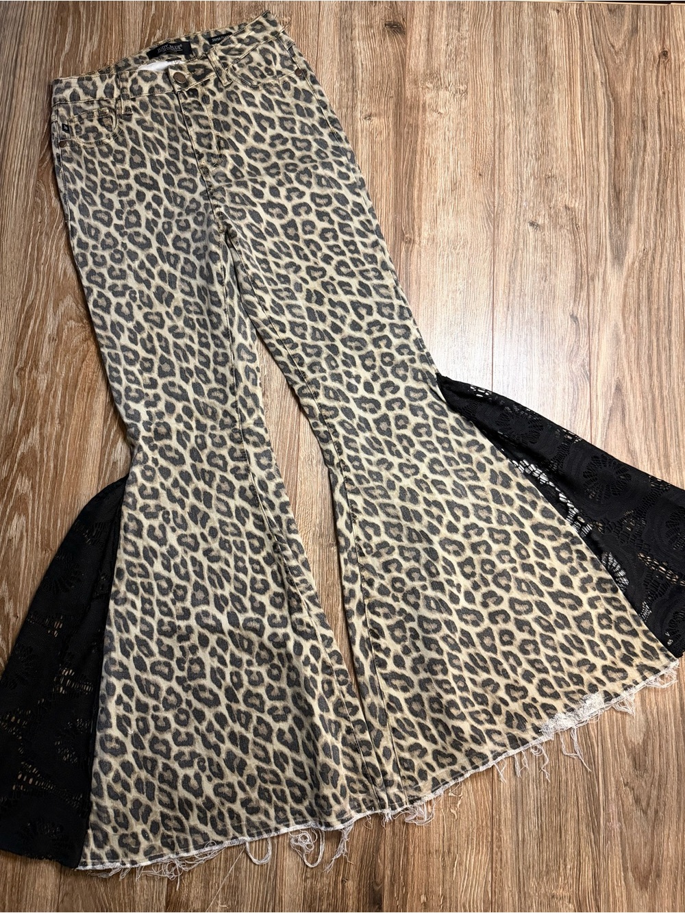 Judy Blue Tan Leopard Bootcut Pants with Black Lace Insets Upcycled